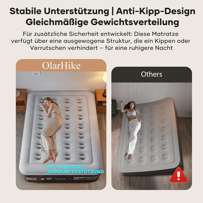 Надувний матрац OlarHike для кемпінгу та дому (2 особи) - 203x152x46 см, чорний