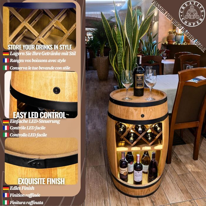 Дерев'яний бочонок-бар Fass від Creative Cooper: полиця для вина з LED підсвічуванням, 80x50 см, рустикальний дизайн, для дому