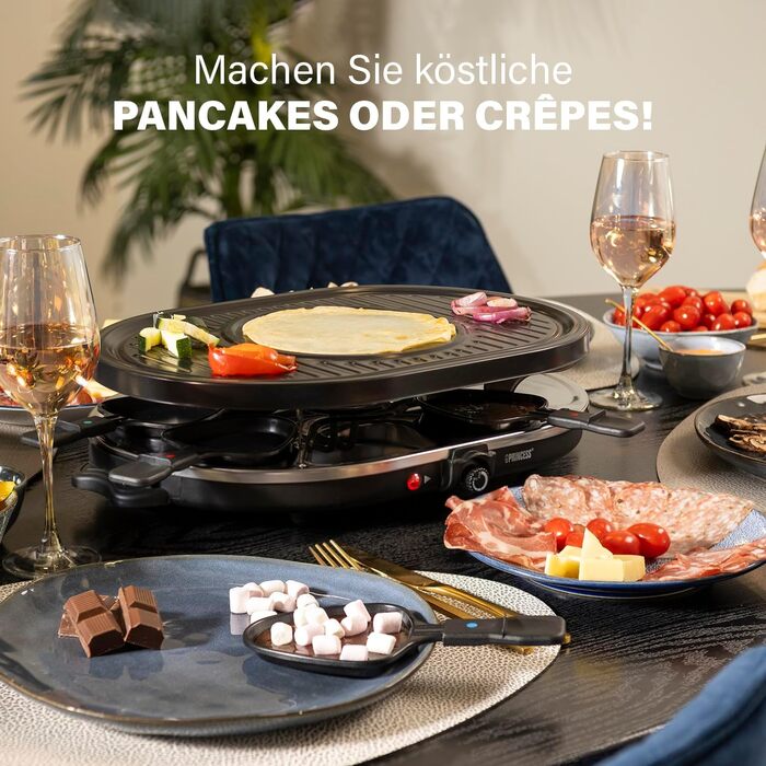 Гриль Princess Raclette - овал, 8 сковорідок, багатофункціональна тарілка з млинцями, 1200 Вт, 42 x 30 см, 162700