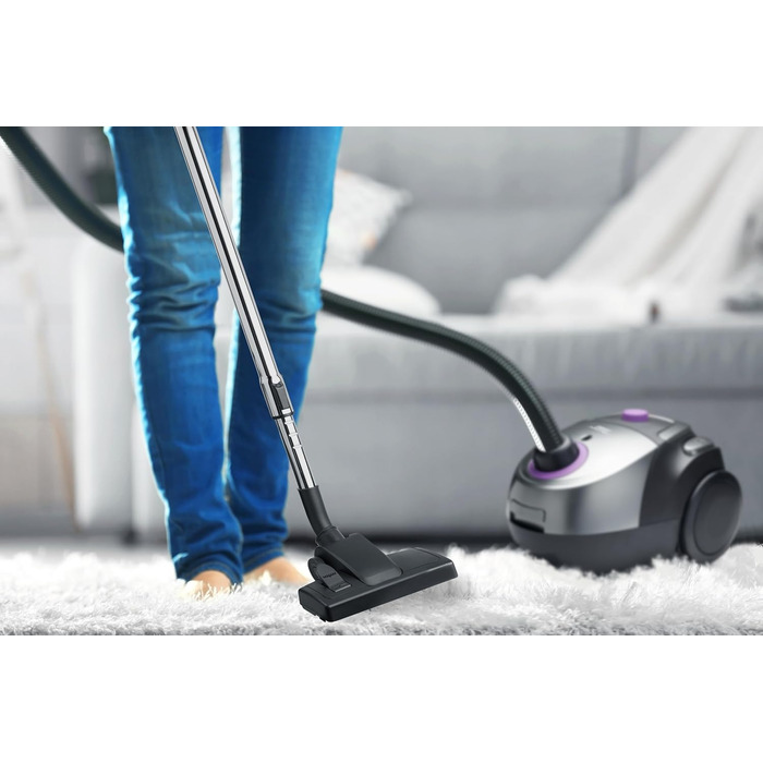 Пилсос Bestron з мішком, для прибирання підлоги, з 3 мішками, телескопічна труба 94 см, перемикач насадки для підлоги, радіус дії 7.5 м, HEPA 12 та мікрофільтр, миючий, чорний/фіолетовий