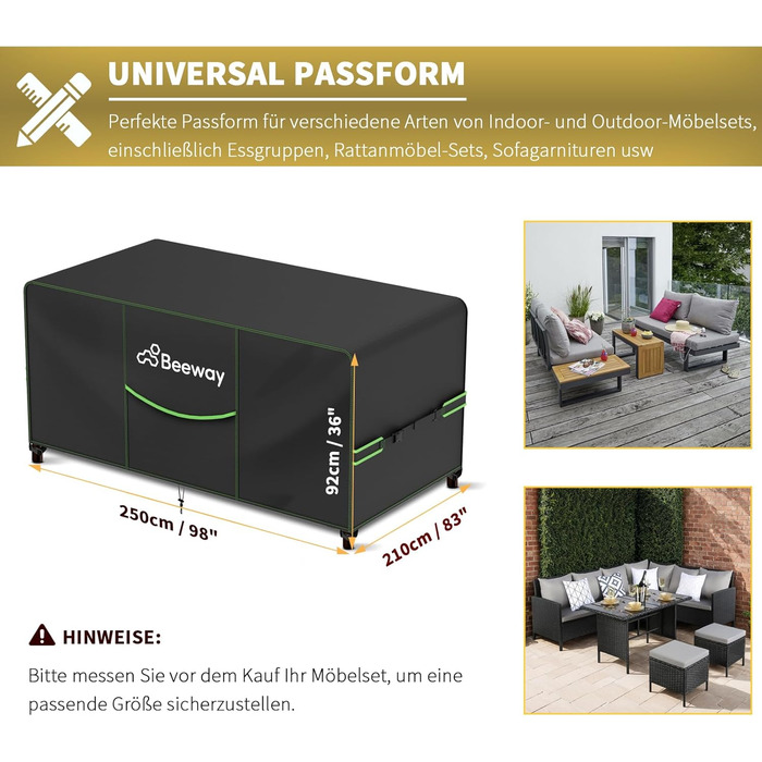 Чохол для садово-патіо меблів BEEWAY, 250x210x92 см, водовідштовхувальний, анти-UV, чорний