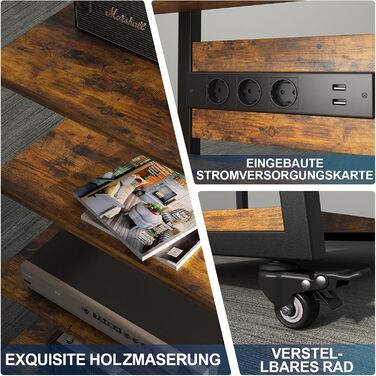 Стійка для Hi-Fi апаратури на 4 рівні з розетками, регульованими полицями, колесами та LED-підсвічуванням (керування через додаток) | 60x51x85 см | Дерев'яно-сталева стійка для програвачів, медіа-пристроїв