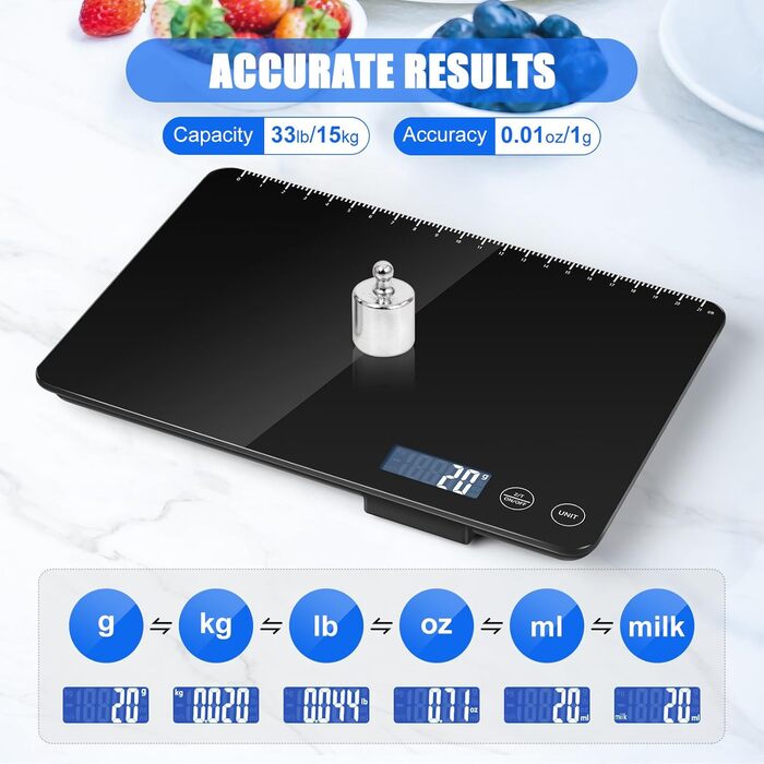 Кухонні ваги Dr. Cow з подвійною платформою, 15 кг/1 г та 500 г/0.01 г, 7 одиниць вимірювання, функція тарування, підрахунку, автовимкнення, для кухні, ювелірних виробів, випічки та приготування їжі (K30H Чорний)
