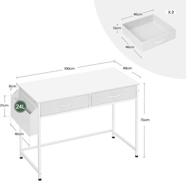 Комп'ютерний стіл Klihome з 2 ящиками та місцем для зберігання - 120x48x75 см, білий, з тримачем для навушників (100x48 см)