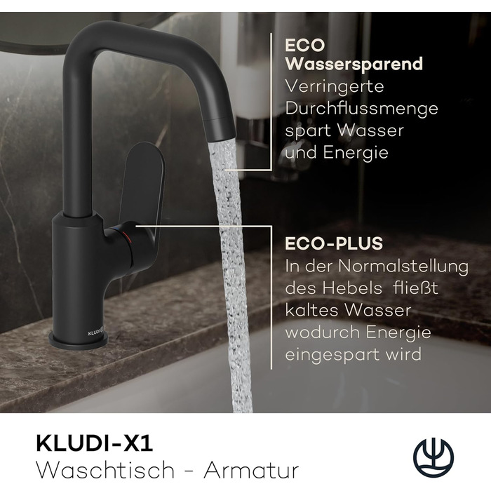 Змішувач для ванної кімнати KLUDI-X1 з висувною корковою пробкою, поворотний на 360°, висота виливу 205 мм, водозберігаючий, розмір L, з підключенням до шлангів (без зливної арматури, матовий чорний)