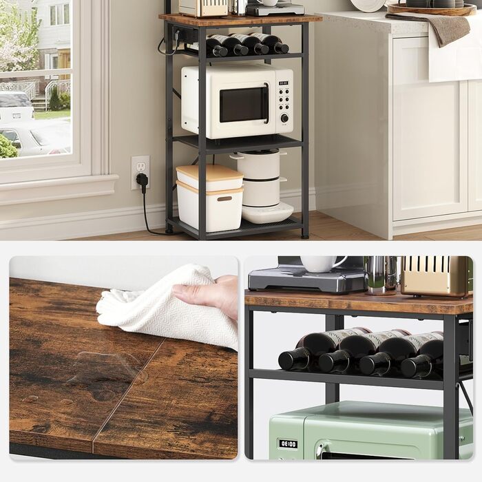 Стелаж для кухні з розетками, підлоговий, бакалійний, 35 x 48 x 135 см, 4 гачки, станція для кави з тримачем для пляшок та гачками, вінтажний коричневий та чорний ABRHR23UE01