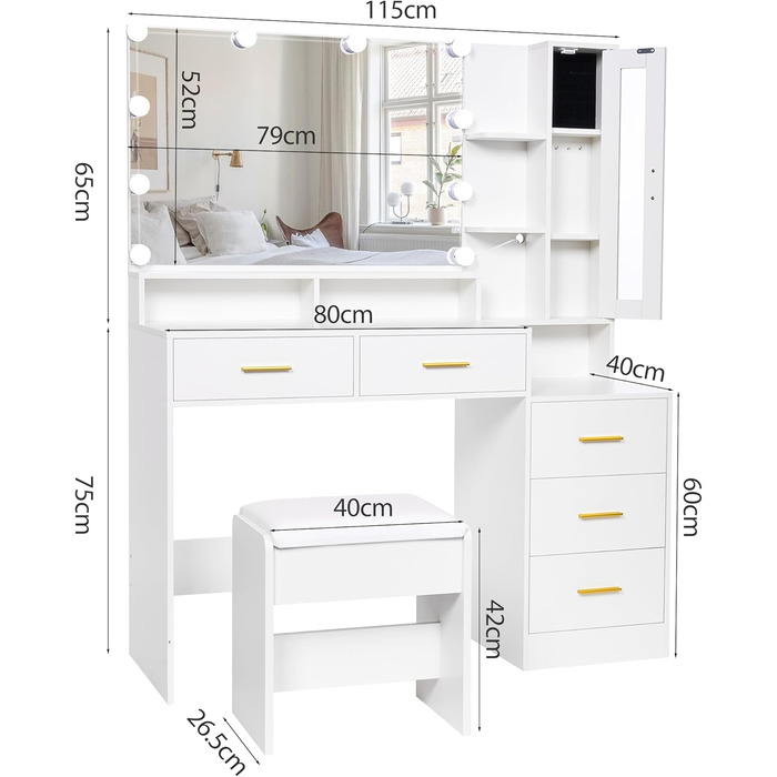 Великий туалетний столик ANWBROAD з LED-підсвічуванням (3 кольори) та розетками, білий, з дзеркалом та пуфом, 5 ящиків, скляні дверцята, 140x115x40 см, BDT68W