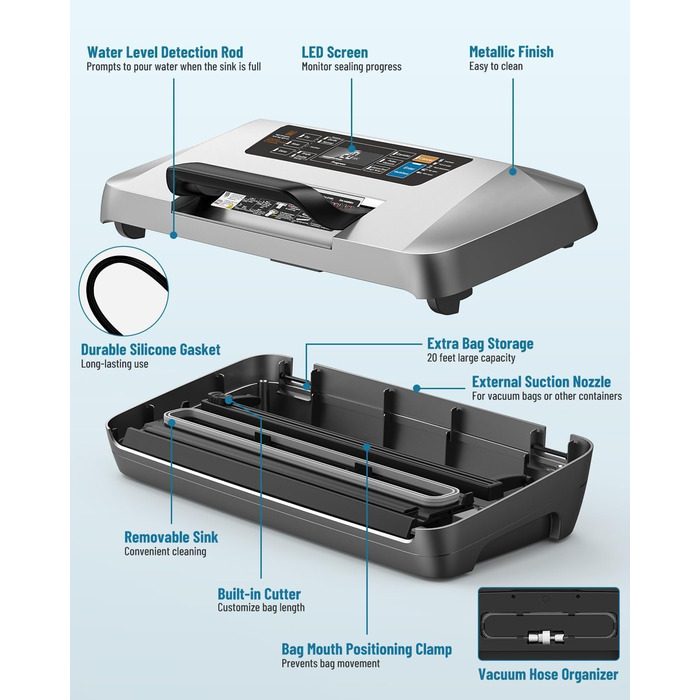 Професійний вакууматор для продуктів 12-в-1, 95кПа, з функцією безперервного вакуумування та подвійним швом, сріблястий (комплект: 1 рулон та 10 пакетів)