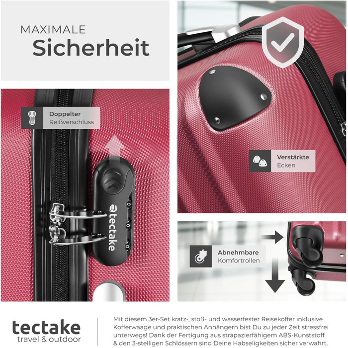 Набір валіз Tectake 3 шт. з ваговою та білгетом, M-L-XL, ABS, телескопічна ручка, червоний
