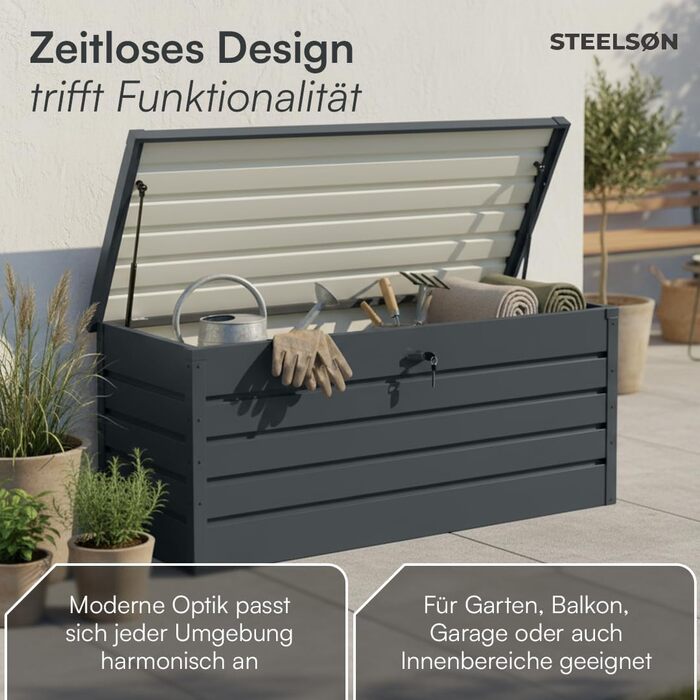 Скриня для саду STEELSØN Dorado 600л, металева оцинкована, водонепроникна, антрацит, з замком та відкидною кришкою - для саду, балкону, тераси 120x62x63 см