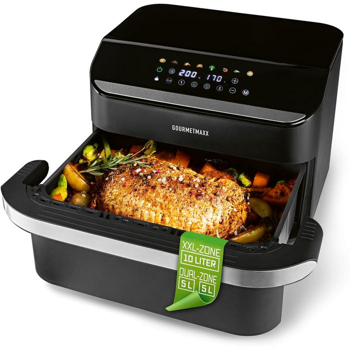 Фритюрниця повітряна Gourmetmaxx FryUp з двома камерами | 10 літрів | Чорний колір | Дисплей Touch | Економія місця