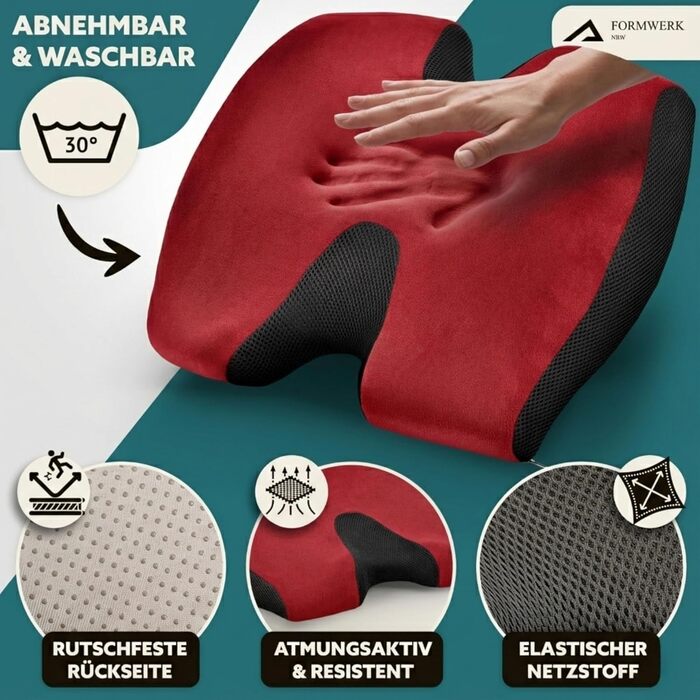Ортопедична подушка для сидіння - преміум ергономічна подушка для офісу та авто з 3D Memory Foam - OEKO-TEX-100 (60-100 кг) (Червона)