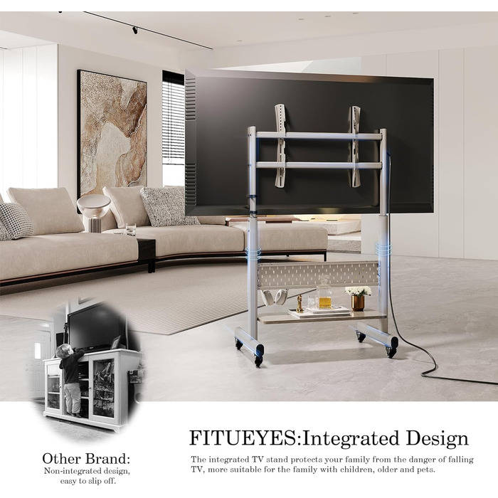 Підставка для телевізора FITUEYES на колесах, регульована по висоті, для 40-85 дюймів, VESA 600x400, 60 кг, бежева