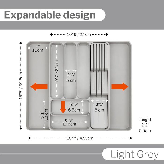 Організатор шухляд для столових приборів nuovva - Регульований лоток для посуду - Розширюваний тримач для столових приборів - Компактна перегородка для ножів, виделок і ложок (світло-сірий)