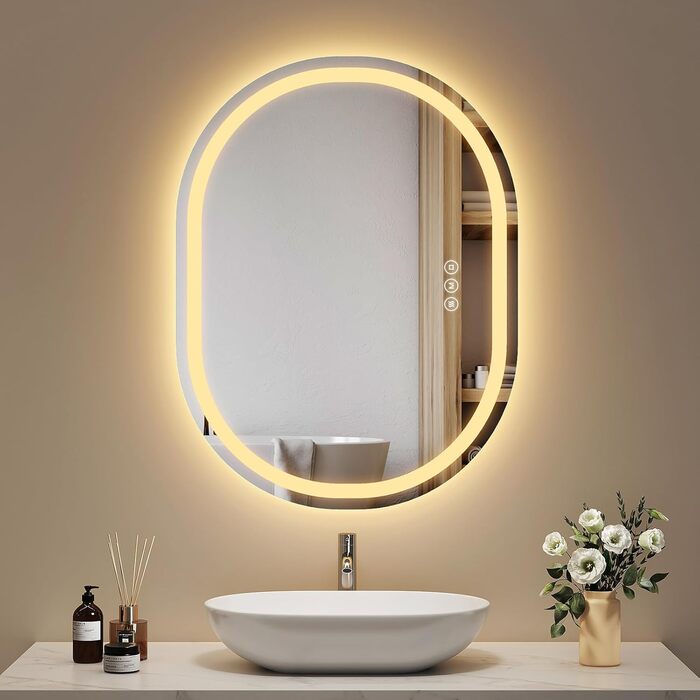 EMKE Дзеркало для ванної кімнати з підсвічуванням 50x90 см овальне з сенсорним вимикачем, 3 кольори світла, регулювання яскравості, антизапарник, функція пам'яті, автоматичне вимкнення через 3 години