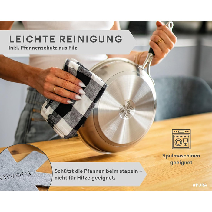 Набір сковорідок з нержавіючої сталі PURA 20, 24, 28 см – без покриття PTFE/PFOA, для індукції та всіх плит