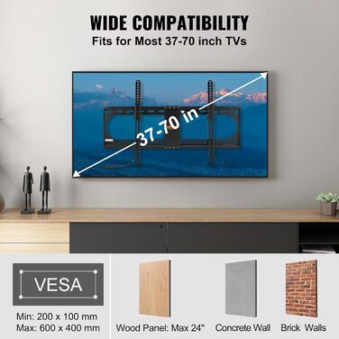 Стійка для телевізора VEVOR поворотна підлогова 32-85 дюймів, чорна. Регульована висота, міцне загартоване скло.