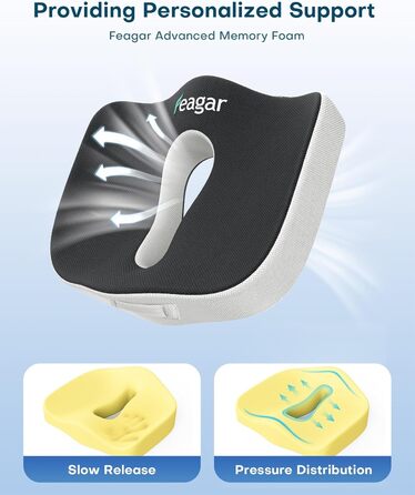 Подушка для сидіння Feagar: велика ергономічна подушка з піною з пам'яті, ортопедична подушка для офісного крісла, авто, для тривалих сидінь, для куприка, ішіасу, полегшення болю в попереку