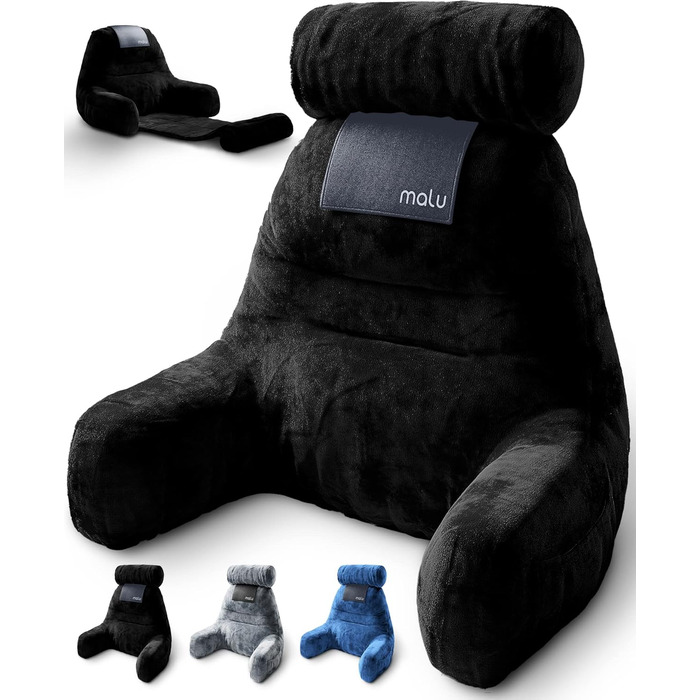 Велике подушко-крісло для читання Malu, ергономічна подушка з підтримкою спини для ліжка + ролик для шиї, з подрібненим пінополіуретаном Memory Foam, для використання в ліжку, на дивані або на підлозі, чорний