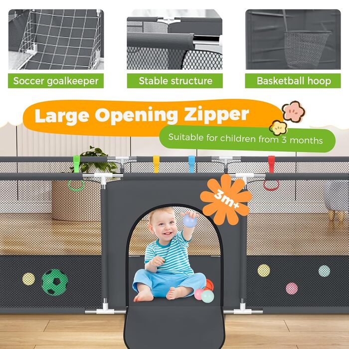 Манеж Aofesel Baby 180x120см з матрацом, баскетбольним кільцем, футбольними сітками, ігровими м'ячами, дверцятами на блискавці