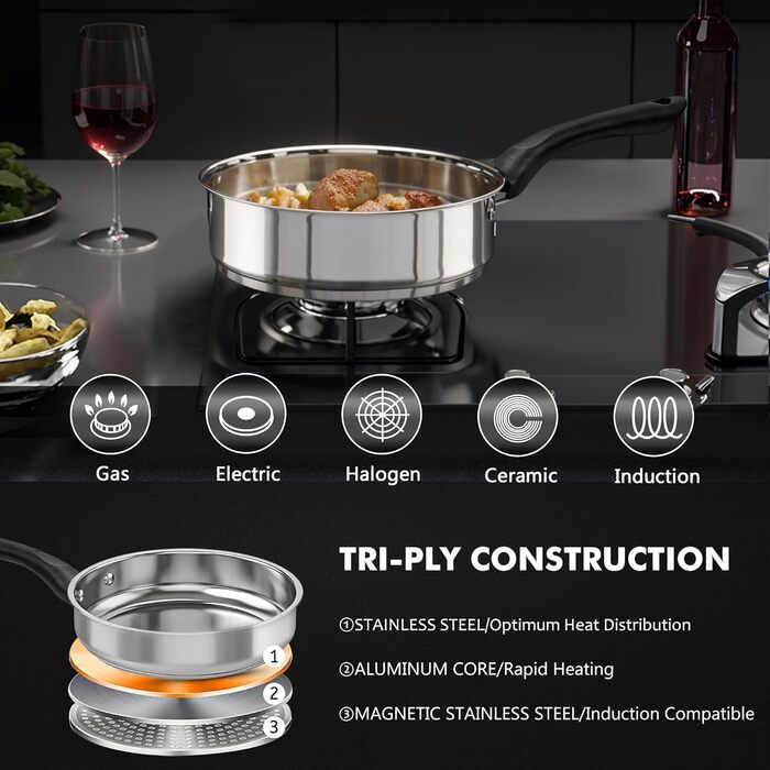 Набір каструль 6 шт. з нержавіючої сталі для індукційних плит, Cookware Set, з кришкою та захистом від опіків, сумісний з усіма типами плит, не має покриття, придатний для миття в посудомийній машині