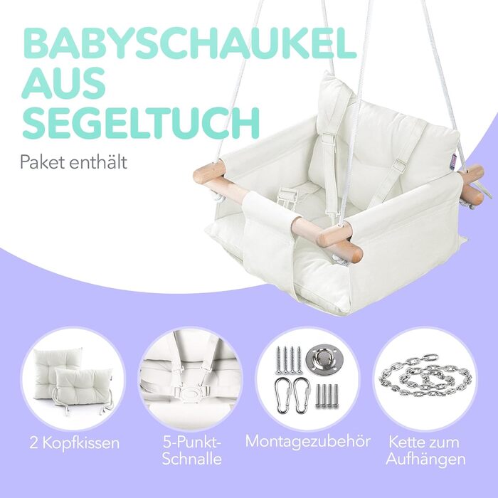 Дерев'яна гойдалка для малюків Cateam - ідеальна для дому та саду. З безпечним ремінцем, від 12 місяців. Елегантно-кремовий колір.