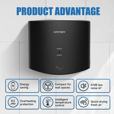 Anydry 2630S - Компактний електричний сушар для рук, автоматичний, настінний, для дому та бізнесу, чорний