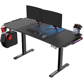 ULTRADESK Стіл для роботи Level V2 - Регульована висота, 140x68 см, з підсвіткою, для геймінгу, офісу, дому - з XL-килимком для миші (Синій)