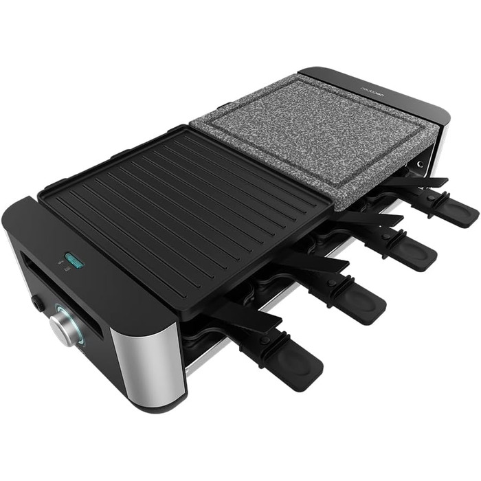 Електричний гриль-раклениця Cecotec MixGrill 16000 Inox – 1400 Вт, 8 персон, з регулюванням температури, 2 нагрівальні пластини (алюміній та натуральний камінь) 20x22 см, 8 сковорідок та 8 лопаток