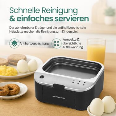 Електричний яйцеварка Emerio SIEGER: 3 ступені нагріву, голосове сповіщення, BPA Free, EB-123177.1, чорний/сріблястий