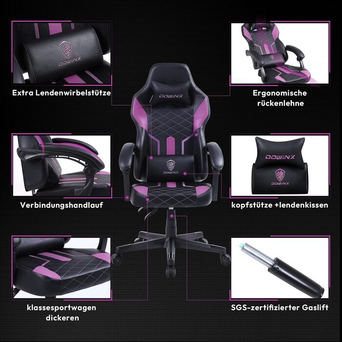 Ігровий крісло Dowinx Racing з підголівником та підтримкою попереку, ергономічний геймерський слінг з PU шкіри, чорно-фіолетовий, 150 кг
