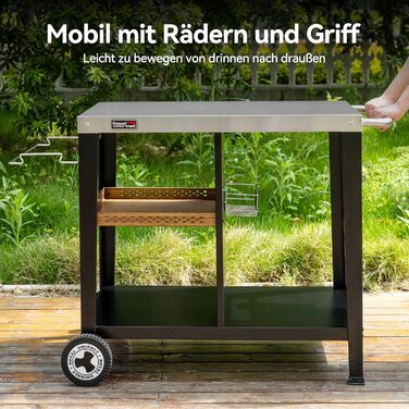 Роял Гормет: Робоча поверхня для гриля 85x50 см з нержавіючої сталі, візок на 3 яруси для гриля та піци, з ручками, тримачем для сміття та полицями для зберігання, легко миється та мобільний