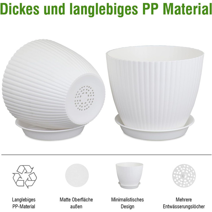 Набір горщиків для квітів Blumentopf (8 шт.) з підставками, різні розміри (10-19 см), пластик, білий. Ідеально для дому та балкона.