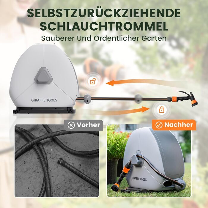 Тросовий барабан для садового шланга Giraffe Tools 25 м з висувною конструкцією, міцною основою, 7-функціональною насадкою та 360° поворотним кріпленням