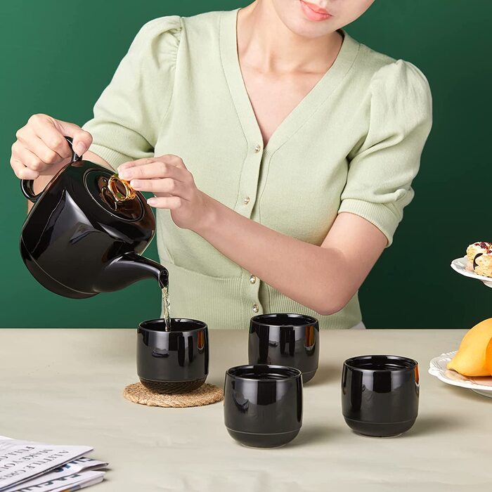 Порцеляновий чайник з ситовою вставкою, керамічний чайний сервіз з спіральною ручкою для розсипного чаю, 1000 мл розкішний чорний гладкий керамічний чайник із золотим оздобленням для подарунків (07-чорний чайник / 4 чашки)
