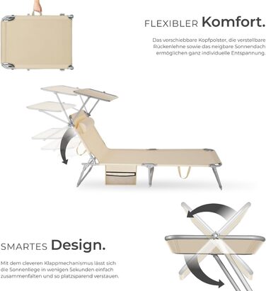 Лежанка для відпочинку Tectake®: розкладна, портативна, з кишенею, для саду, пляжу, кемпінгу - (Бежевий)