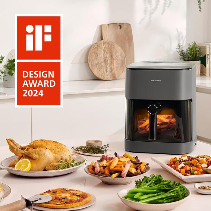 Фритюрниця повітряна Panasonic NF-CC500SXE, 5 л, з вікном, 80–200 °C, 11 програм, LCD-дисплей, покриття антипригарне, сірий матовий, ETM Award 2024