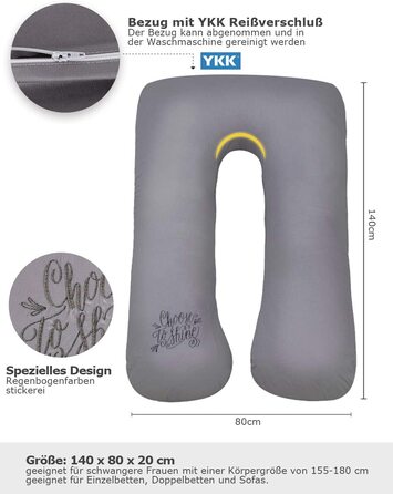 Подушка для вагітних SALAD HOUSE U-подібна бічна подушка для сну Подушка для зберігання зі знімним і миється дизайном з 100 бавовни 320tc з вишивкою (темно-сірий, 140 х 80 см)