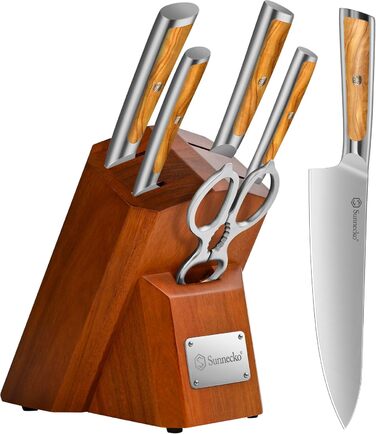Набір ножів Sunnecko 6 шт. з підставкою – кухонний набір ножів для кухні, з ергономічними ручками та гострими лезами, з підставкою з нержавіючої сталі та акацієвого дерева