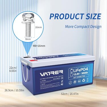 Літієва батарея VATRER POWER 12V 100AH LiFePO4 з Bluetooth, 100A BMS, 5000 циклів, 1280 Вт, захист від низької температури