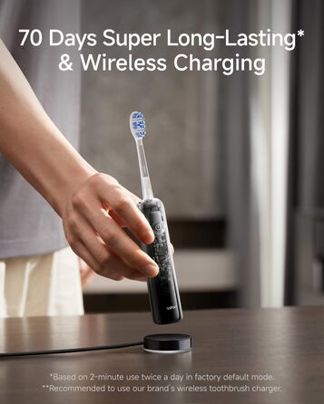 Електрична зубна щітка Laifen Wave Pro з 6 режимами чищення, акумулятор до 70 днів, прозорий чорний колір