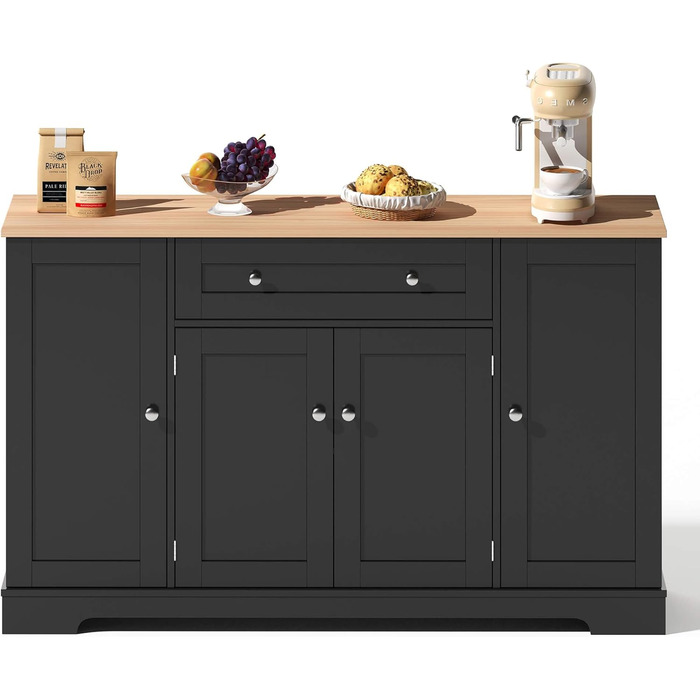 Багатофункціональний буфет для кухні – комод 138 см з ящиком, полицями з дверцятами та регульованими полицями – з кріпленням від перекидання, для кухні, вітальні та спальні, чорний