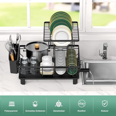 Сушарка для посуду ROTTOGOON розширювана, 2-ярусна, чорна: нержавіюча сталь, з висувним носиком та відділенням для столових приборів