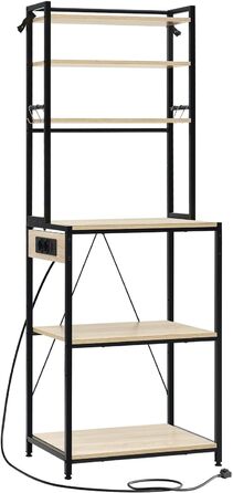 Кухонна полиця WOLTU з 6 ярусами, з розетками, для мікрохвильової печі, з металевим каркасом, регульовані полиці, Чорний+Рустикальне коричневий, 60 x 167 x 40 см (Чорний+світлий дуб, 60 x 39,5 x 167 см)