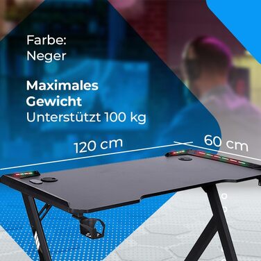 Ігровий стіл NK з LED-підсвічуванням (120x60 см) - з тримачем для напоїв та пляшок, тримачем для навушників, кабельною організацією, стільниця 1.5 см, вантажопідйомність 100 кг, рожевий