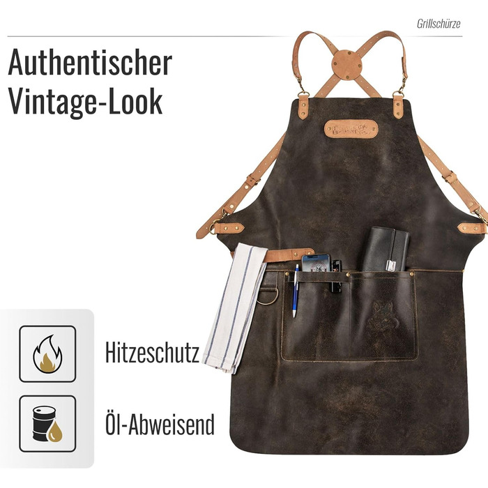 Фартух з натуральної шкіри буйвола, чорний: для гриля, барбекю, приготування їжі та кухні. Вінтажний стиль.