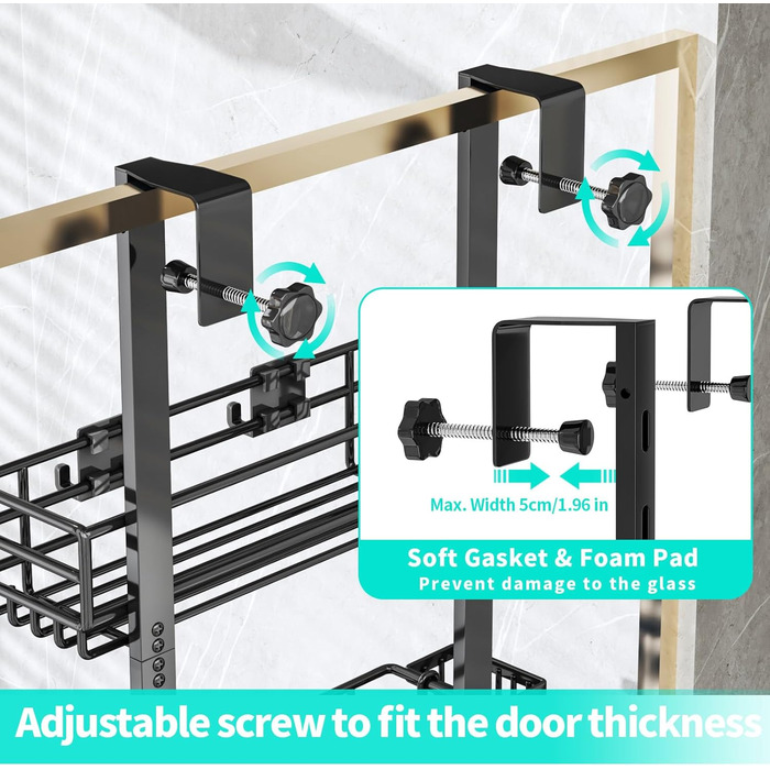 Дзеркальна поличка для душу HapiRm на двері з 22 гачками та тримачами для зубних щіток - 5 ярусів (Чорний)