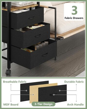 Нічний столик з бездротовою зарядкою, 2 розетки AC та 2 USB-порти, 3 шухляди, коліщатка, вінтажний дизайн, чорно-коричневий (для вітальні, спальні)