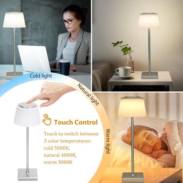 LED настільна лампа Aigostar акумуляторна бездротова, торшер з сенсорним керуванням, 3 колірні температури, IP54 вологозахист для дому та саду, срібна