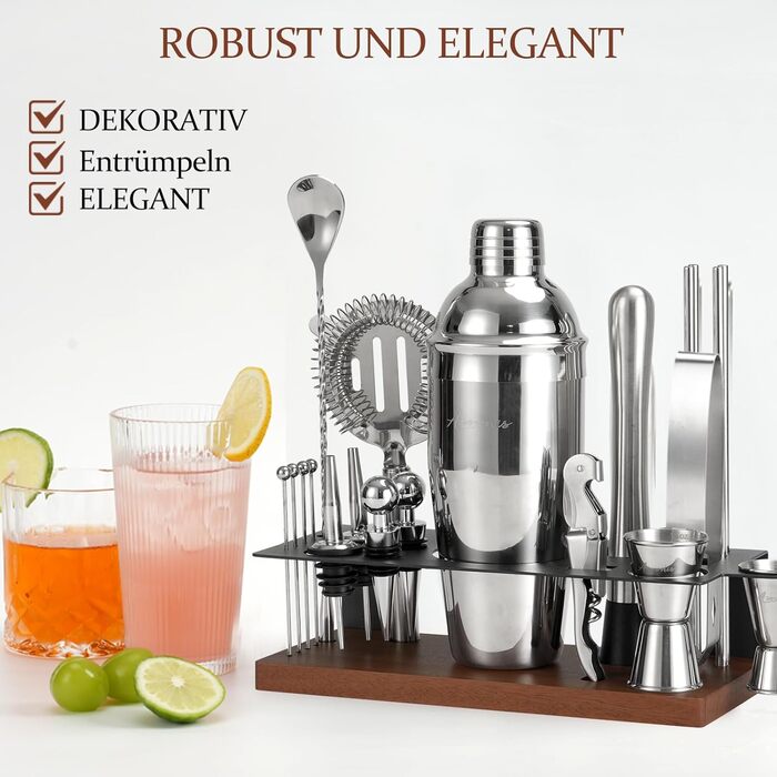 Набір бармена на 23 предмети: шейкер, сито, ложка, мадлер та інші інструменти для приготування коктейлів. Ідеально для дому, бару, вечірки (колір: коричневий)